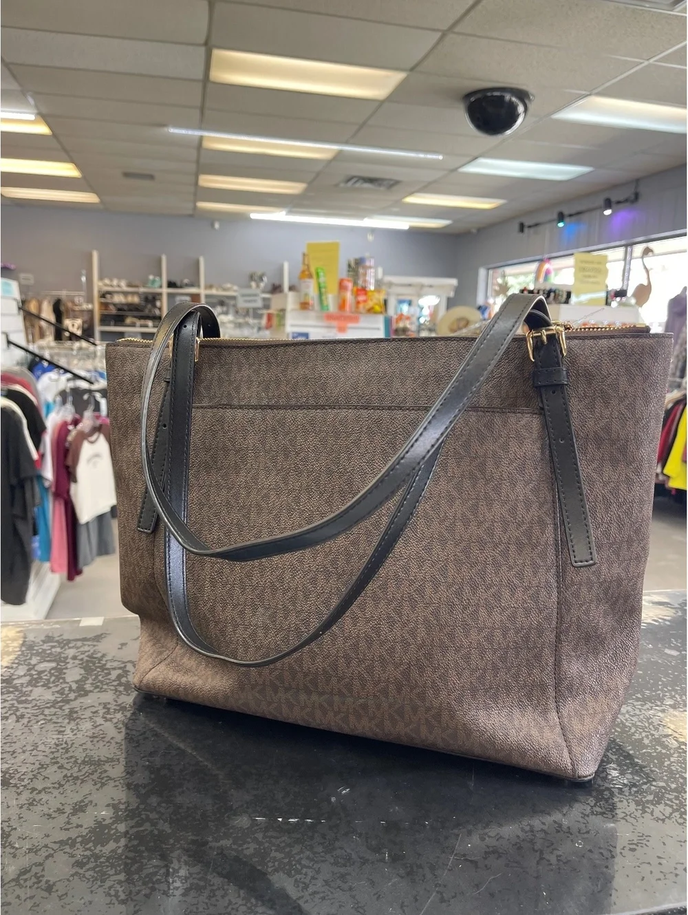 Michael Kors Large Brown Logo Tote Bag with Black Leather Straps